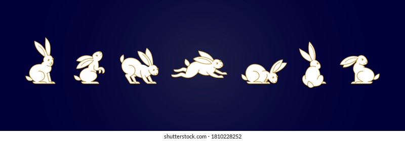 Vector set with line art rabbit. Icons, symbols, logo design elements, illustration of stylized cute bunnies. Be used for Easter cards, Mid Autumn Festival greetings. Isolated. Flat design style.