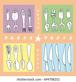 Vector set line art set of Art stylized cutlery, spoons, knives, forks, asterisks, ornamental background