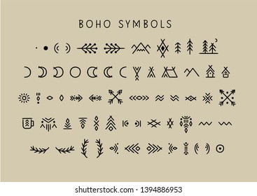 Vector set of line art symbols for logo design and lettering in boho style.