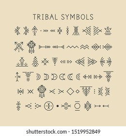 Vector set of line art symbols for logo design and lettering in tribal style.