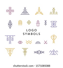 Vector set of line art symbols for logo design in boho and hipster style.