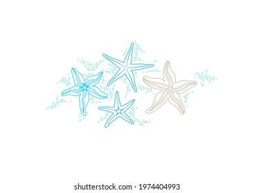 Vector set of line art tropical sea elements, starfish, and sand. Doodles of sea star, marine life. Sea decor for scrapbooking, cards, decoration, web page design. Ocean creature.Maritime illustration