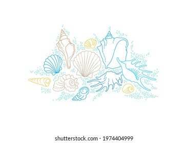 Vector set of line art tropical sea elements, seashells, starfish. Doodles of marine life. Sea decor for scrapbook, card, decoration, design. Ocean invertebrates, sea creatures. Maritime illustration