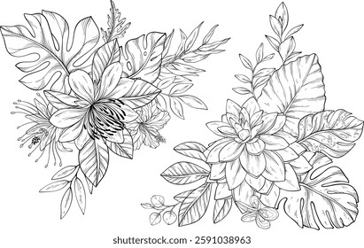 Vector set of line art tropical flowers arranged with leaves for a lively composition