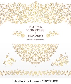 Vector set of line art vignettes, frames, seamless borders for design template. Element in Eastern style. Golden outline floral decor for invitation, greeting card, thank you message, wallpaper.