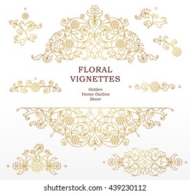 Vector set of line art vignettes for design template. Element in Eastern style. Golden outline floral frames. Mono line decor for invitations, greeting cards, certificate, thank you message.