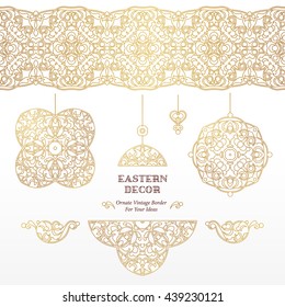 Vector set of line art vignettes, frames, seamless borders for design template. Element in Eastern style. Golden outline floral decor for invitation, greeting card, thank you message, wallpaper.