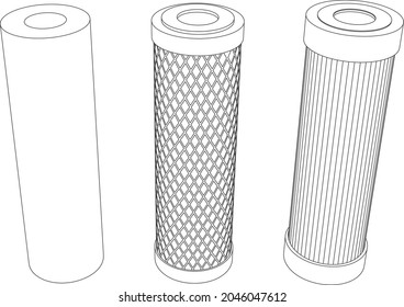 Vector set of line art water filter cartridges isolated