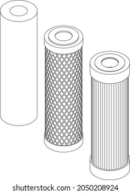 Vector set of line art water filter cartridge isometric illustration