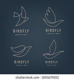 Vector set of line bird logos, pigeon silhouettes, flying abstract logos, icons isolated. Monoline minimalist style, luxury signs