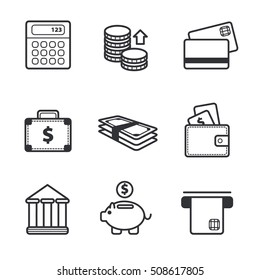 Vector set of line black finance icons. Bank, money signs