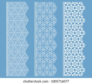 Vector set of line borders with geometric repeating texture. Isolated design elements for page decoration, headline, banners, wedding invitation cards. Fashion white lace collection
