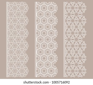 Vector set of line borders with geometric repeating texture. Isolated design elements for page decoration, headline, banners, wedding invitation cards. Fashion white lace collection