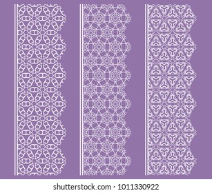 Vector set of line borders with geometric repeating texture. Isolated design elements for page decoration, headline, banners, wedding invitation cards. Fashion white lace collection