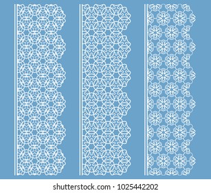 Vector set of line borders with geometric repeating texture. Isolated design elements for page decoration, headline, banners, wedding invitation cards. Fashion white lace collection