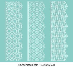 Vector set of line borders with geometric repeating texture. Isolated design elements for page decoration, headline, banners, wedding invitation cards. Fashion white lace collection