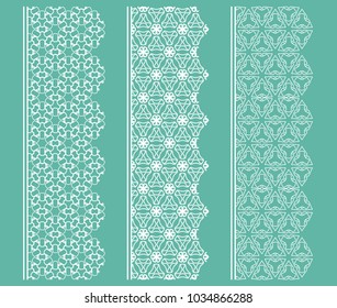 Vector set of line borders with geometric repeating texture. Isolated design elements for page decoration, headline, banners, wedding invitation cards. Fashion white lace collection