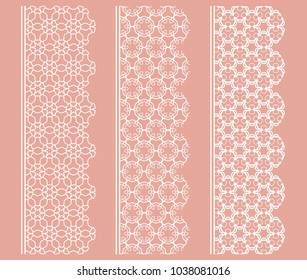 Vector set of line borders with geometric repeating texture. Isolated design elements for page decoration, headline, banners, wedding invitation cards. Fashion white lace collection