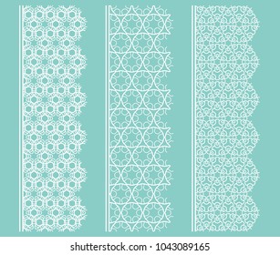 Vector set of line borders with geometric repeating texture. Isolated design elements for page decoration, headline, banners, wedding invitation cards. Fashion white lace collection
