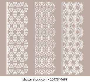 Vector set of line borders with geometric repeating texture. Isolated design elements for page decoration, headline, banners, wedding invitation cards. Fashion white lace collection