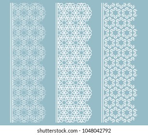 Vector set of line borders with geometric repeating texture. Isolated design elements for page decoration, headline, banners, wedding invitation cards. Fashion white lace collection