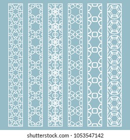 Vector set of line borders with geometric repeating texture. Isolated design elements for page decoration, headline, banners, wedding invitation cards. Fashion white lace collection