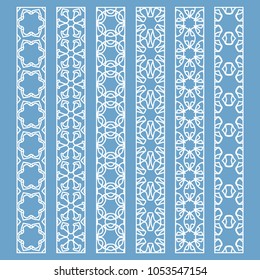 Vector set of line borders with geometric repeating texture. Isolated design elements for page decoration, headline, banners, wedding invitation cards. Fashion white lace collection