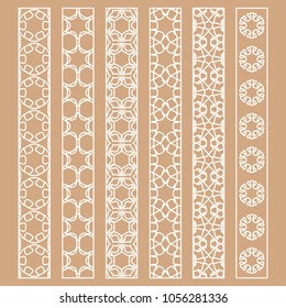 Vector set of line borders with geometric repeating texture. Isolated design elements for page decoration, headline, banners, wedding invitation cards. Fashion white lace collection
