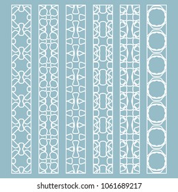 Vector set of line borders with geometric repeating texture. Isolated design elements for page decoration, headline, banners, wedding invitation cards. Fashion white lace collection