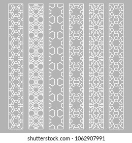 Vector set of line borders with geometric repeating texture. Isolated design elements for page decoration, headline, banners, wedding invitation cards. Fashion white lace collection