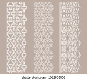 Vector set of line borders with geometric repeating texture. Isolated design elements for page decoration, headline, banners, wedding invitation cards. Fashion white lace collection