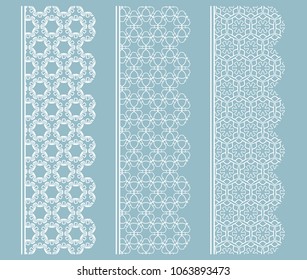 Vector set of line borders with geometric repeating texture. Isolated design elements for page decoration, headline, banners, wedding invitation cards. Fashion white lace collection