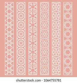 Vector set of line borders with geometric repeating texture. Isolated design elements for page decoration, headline, banners, wedding invitation cards. Fashion white lace collection