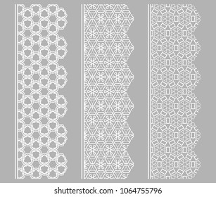 Vector set of line borders with geometric repeating texture. Isolated design elements for page decoration, headline, banners, wedding invitation cards. Fashion white lace collection