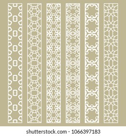 Vector set of line borders with geometric repeating texture. Isolated design elements for page decoration, headline, banners, wedding invitation cards. Fashion white lace collection