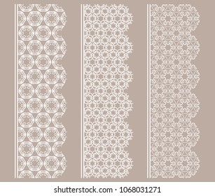 Vector set of line borders with geometric repeating texture. Isolated design elements for page decoration, headline, banners, wedding invitation cards. Fashion white lace collection