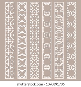 Vector set of line borders with geometric repeating texture. Isolated design elements for page decoration, headline, banners, wedding invitation cards. Fashion white lace collection