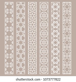 Vector set of line borders with geometric repeating texture. Isolated design elements for page decoration, headline, banners, wedding invitation cards. Fashion white lace collection