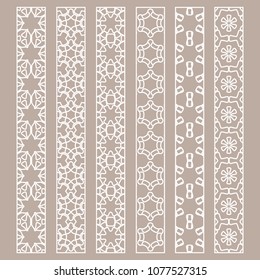 Vector set of line borders with geometric repeating texture. Isolated design elements for page decoration, headline, banners, wedding invitation cards. Fashion white lace collection