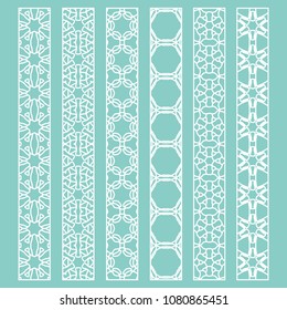 Vector set of line borders with geometric repeating texture. Isolated design elements for page decoration, headline, banners, wedding invitation cards. Fashion white lace collection