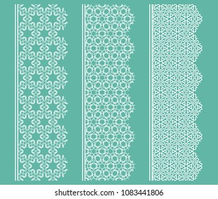 Vector set of line borders with geometric repeating texture. Isolated design elements for page decoration, headline, banners, wedding invitation cards. Fashion white lace collection