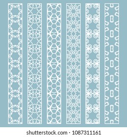 Vector set of line borders with geometric repeating texture. Isolated design elements for page decoration, headline, banners, wedding invitation cards. Fashion white lace collection