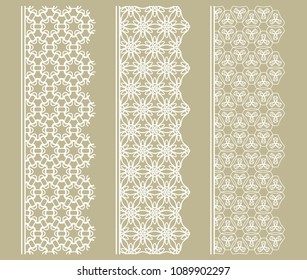 Vector set of line borders with geometric repeating texture. Isolated design elements for page decoration, headline, banners, wedding invitation cards. Fashion white lace collection