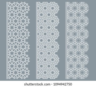 Vector set of line borders with geometric repeating texture. Isolated design elements for page decoration, headline, banners, wedding invitation cards. Fashion white lace collection