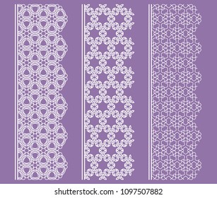 Vector set of line borders with geometric repeating texture. Isolated design elements for page decoration, headline, banners, wedding invitation cards. Fashion white lace collection