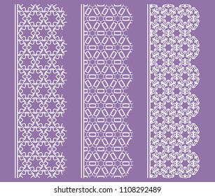 Vector set of line borders with geometric repeating texture. Isolated design elements for page decoration, headline, banners, wedding invitation cards. Fashion white lace collection