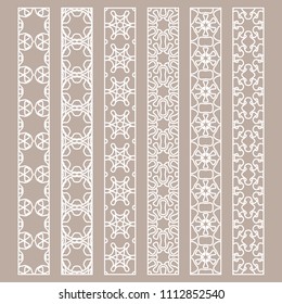 Vector set of line borders with geometric repeating texture. Isolated design elements for page decoration, headline, banners, wedding invitation cards. Fashion white lace collection