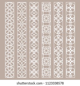 Vector set of line borders with geometric repeating texture. Isolated design elements for page decoration, headline, banners, wedding invitation cards. Fashion white lace collection
