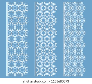 Vector set of line borders with geometric repeating texture. Isolated design elements for page decoration, headline, banners, wedding invitation cards. Fashion white lace collection