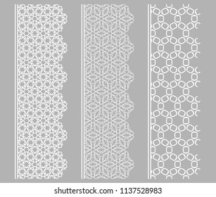 Vector set of line borders with geometric repeating texture. Isolated design elements for page decoration, headline, banners, wedding invitation cards. Fashion white lace collection